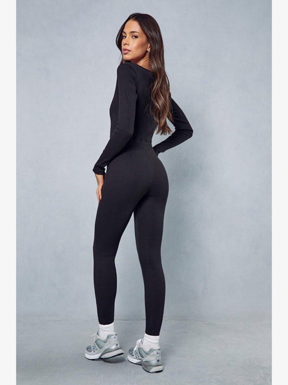 Misspap Women's Black Long Sleeve Ribbed Long One-Piece Jumpsuit Size 10
